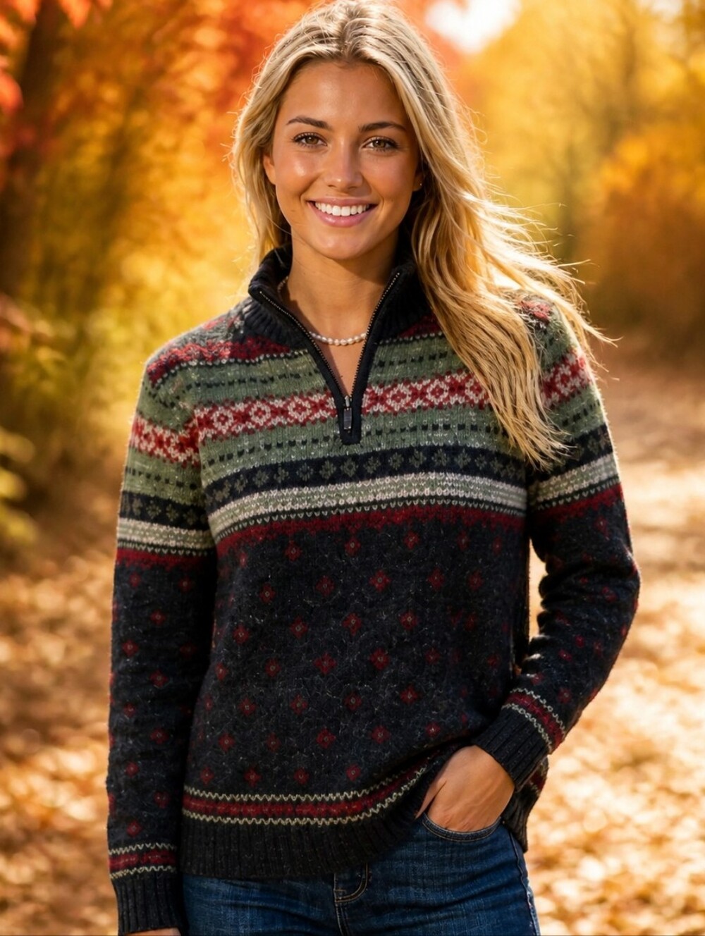 Lauren Ralph Lauren Fair Isle Quarter Zip Sweater Wool Blend Lg Hand Knit Preppy